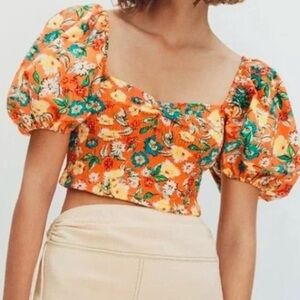 Zara Orange Floral Crop Top Crop Puff Sleeve Size Small